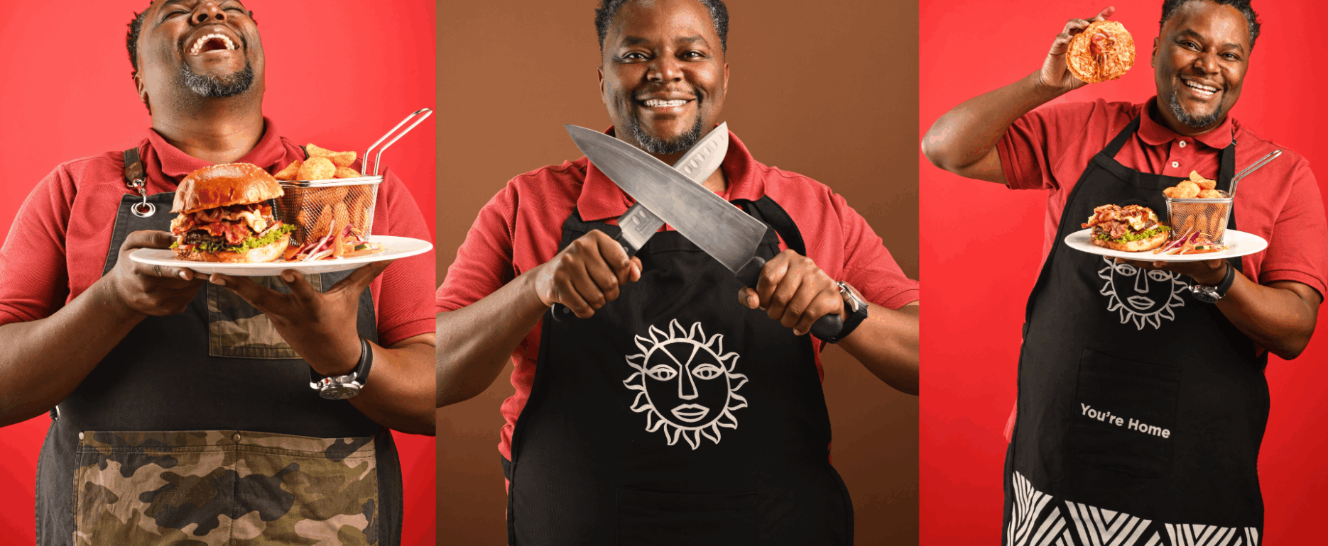 Chef Syok's all smiles holding a plated full burger with chips and knives diagonally | June Guest chef experience | Father's day the Java Way